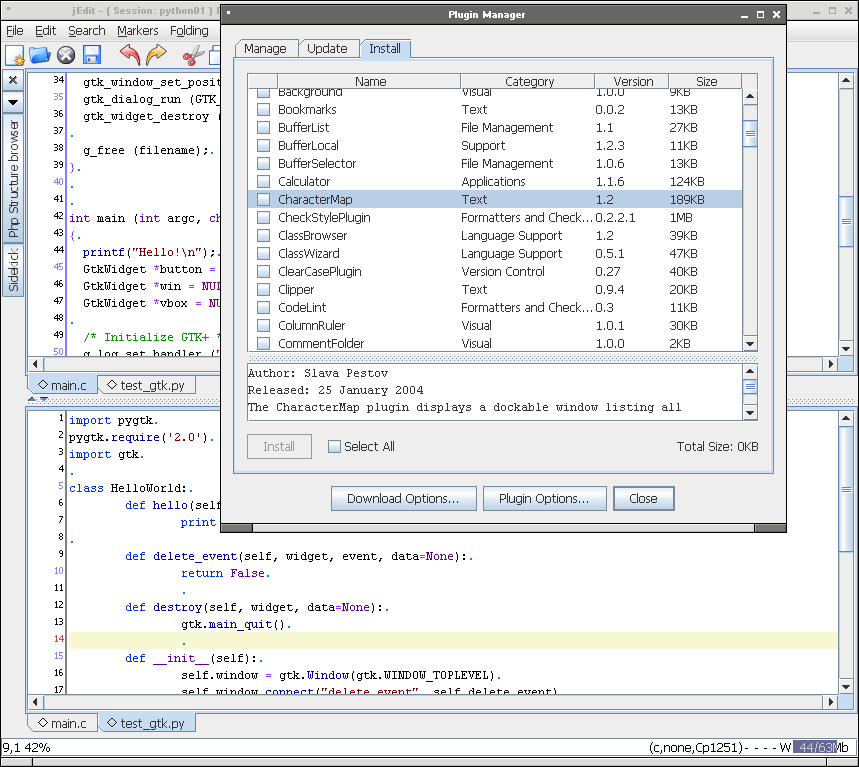 jEdit - Редактирование кода на Python и С. Менеджер расширений.